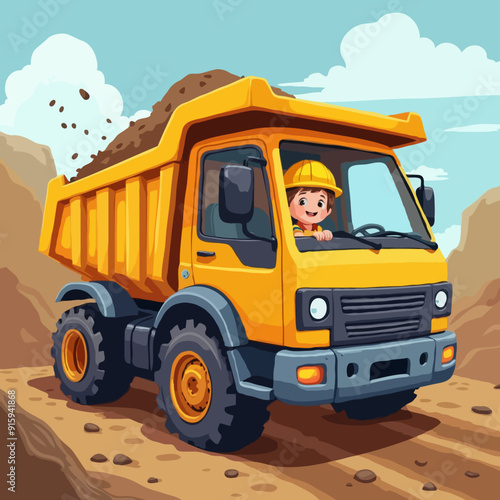 Vector illustration color children construction dump truck carrying dirt