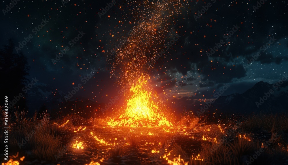 A vibrant bonfire crackles under the night sky surrounded by dark trees and stars A vibrant bonfire crackles under the night sky surrounded by dark trees and stars
