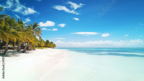 Fototapeta Naklejka Na Ścianę i Meble -  View of the white sand beach and azure water. Caribbean paradise