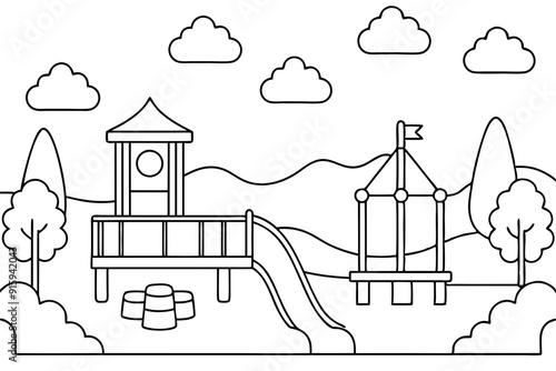  Coloring page book for kids - a children park, vector art illustration photo