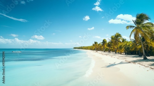 Fototapeta Naklejka Na Ścianę i Meble -  View of the white sand beach and azure water. Caribbean paradise