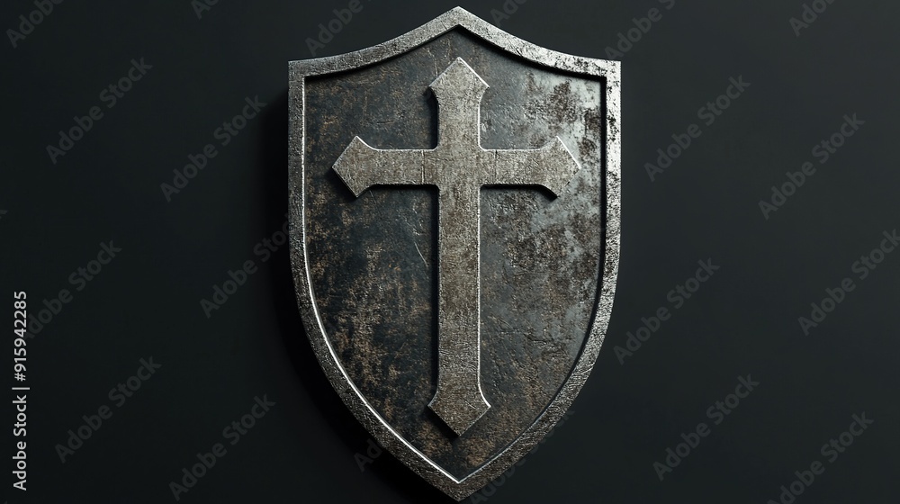 Medieval shield with a cross design on a dark background. Medieval shield with a cross design on a dark background.