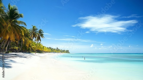 Fototapeta Naklejka Na Ścianę i Meble -  View of the white sand beach and azure water. Caribbean paradise