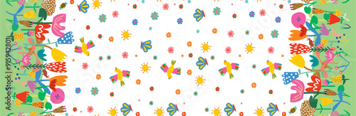 Barred summer children's colorful flowers birds delicate rapport white background
 textile infinite print