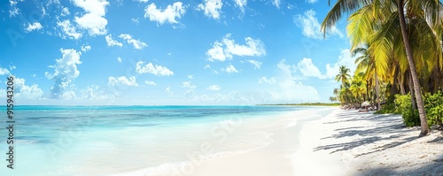 View of the white sand beach and azure water. Caribbean paradise