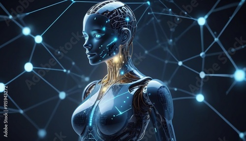 Artificial intelligence on a futuristic humanoid with glowing network connections, ideas of digital artificial intelligence, technological and innovative business, created with generative ai