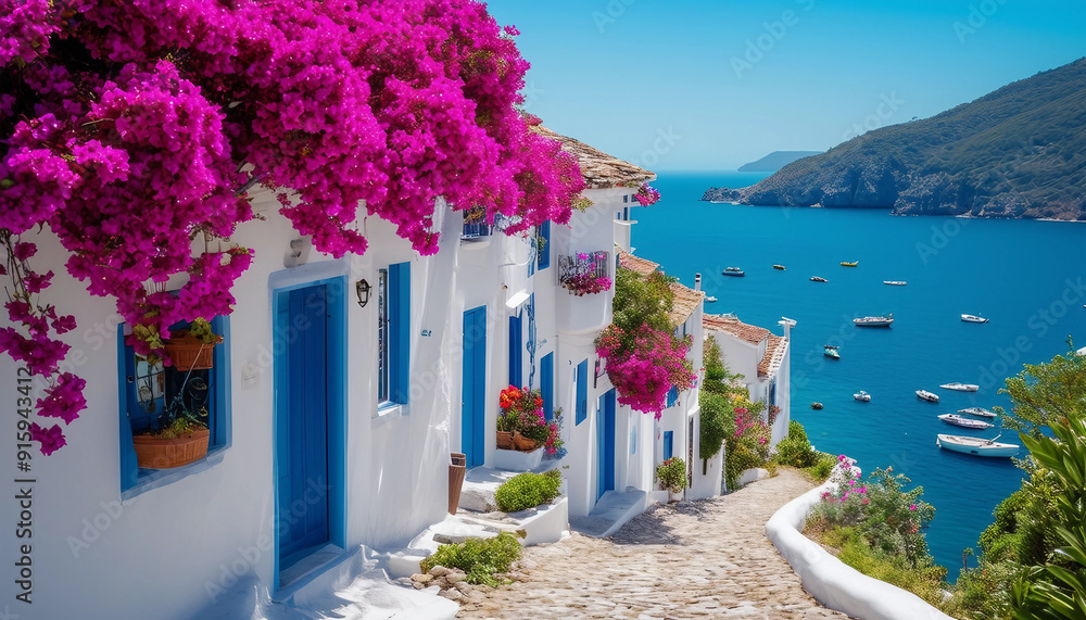 Obraz premium A charming coastal village features whitewashed houses adorned with vibrant bougainvillea, winding cobblestone streets, and stunning views of the turquoise sea filled with gently bobbing fishing boats