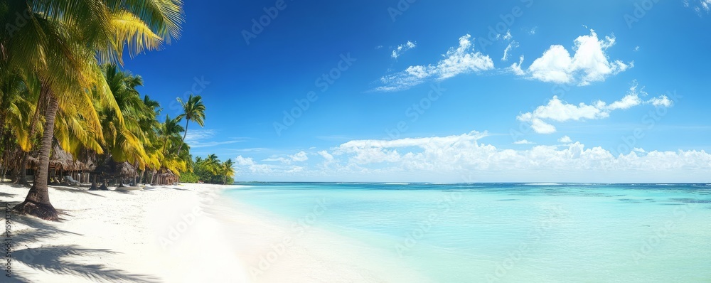 View of the white sand beach and azure water. Caribbean paradise View of the white sand beach and azure water. Caribbean paradise