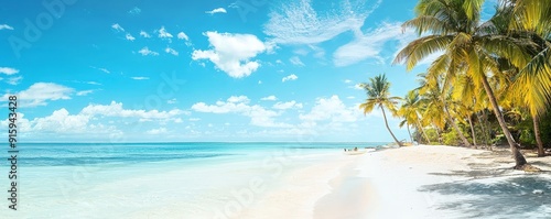 View of the white sand beach and azure water. Caribbean paradise