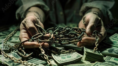 A person's hands are bound by a chain lying on top of stacks of dollar bills. This is a symbolic image of the power and greed of money.