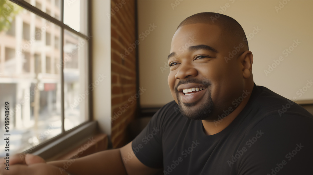 Plus-size African-American man smiling and looking out window, relaxed lifestyle, copy space Plus-size African-American man smiling and looking out window, relaxed lifestyle, copy space