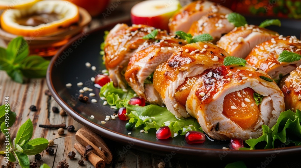 The national cuisine of Canada. Turkey rolls with persimmon. The national cuisine of Canada. Turkey rolls with persimmon.