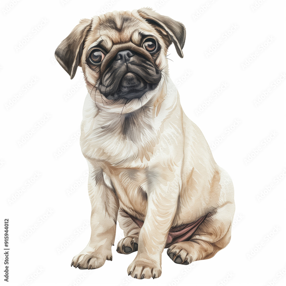 A realistic illustration of a sitting pug dog with a curious expression. A realistic illustration of a sitting pug dog with a curious expression.