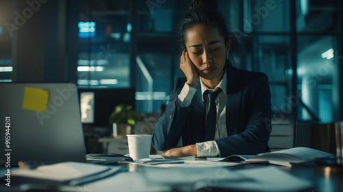 A stressed businesswoman sitting at her desk, surrounded by paperwork in a dimly lit office.