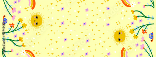 Barred summer children's colorful flowers sun rainbow delicate rapport yellow background
 infinite texti print