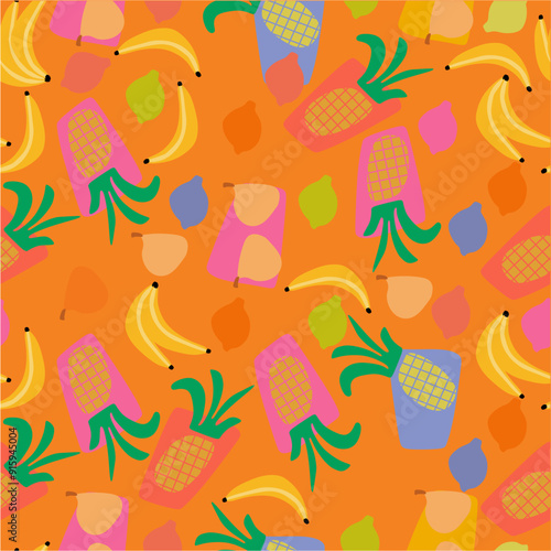 children's summer colorful fruits rapport orange background endless print texti