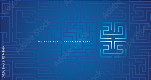 Happy New Year 2025 white blue cyberspace high tech typography greek mystic meander ornament labyrinth abstract pattern blue background.ai