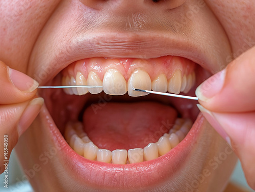 A man is brushing his teeth with a toothbrush and floss. The image conveys the importance of maintaining good oral hygiene and taking care of one's teeth