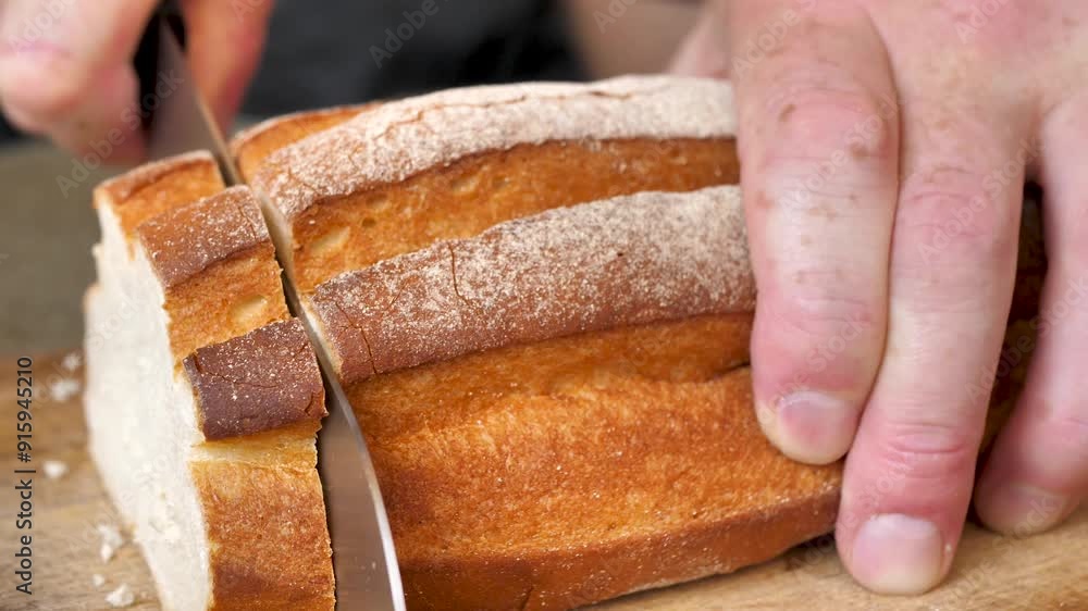 Male hands using a large sharp knife cutting a loaf of bread made from premium flour on a cutting board. Slicing white soft loaf for sandwiches. Fresh bread. Male hands using a large sharp knife cutting a loaf of bread made from premium flour on a cutting board. Slicing white soft loaf for sandwiches. Fresh bread.