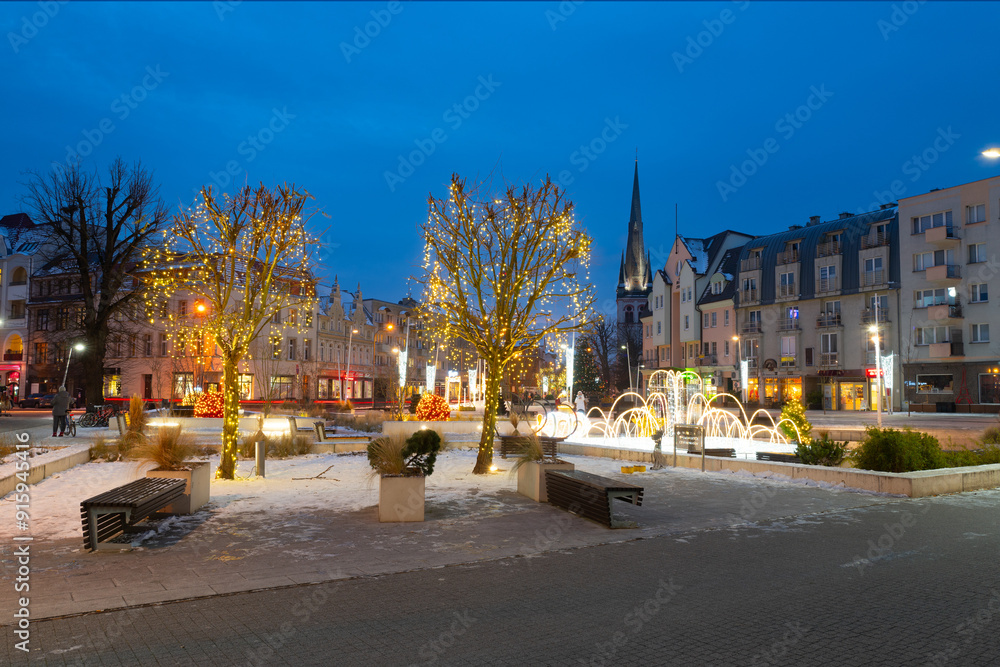 Obraz premium 2023-12-05; evening street Swinoujscie is a coastal town and port, Swinoujscie, poland