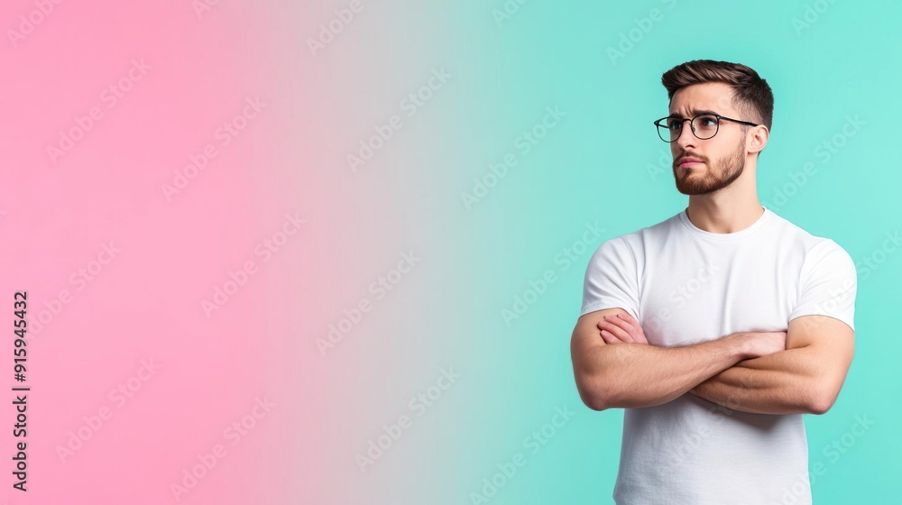 Young man in white t-shirt looking to the side, arms crossed, pink and blue background Young man in white t-shirt looking to the side, arms crossed, pink and blue background