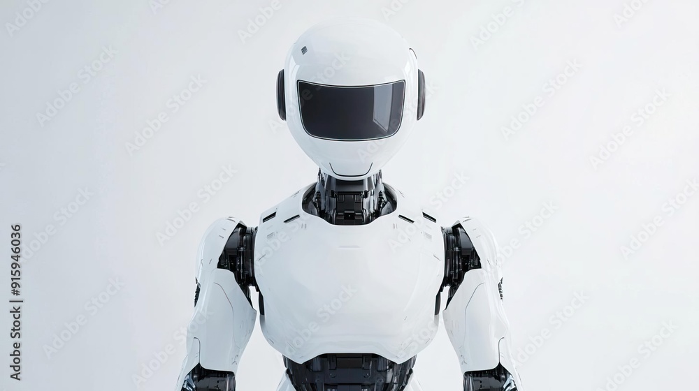 White humanoid robot with a futuristic design and a visor on its head. White humanoid robot with a futuristic design and a visor on its head.