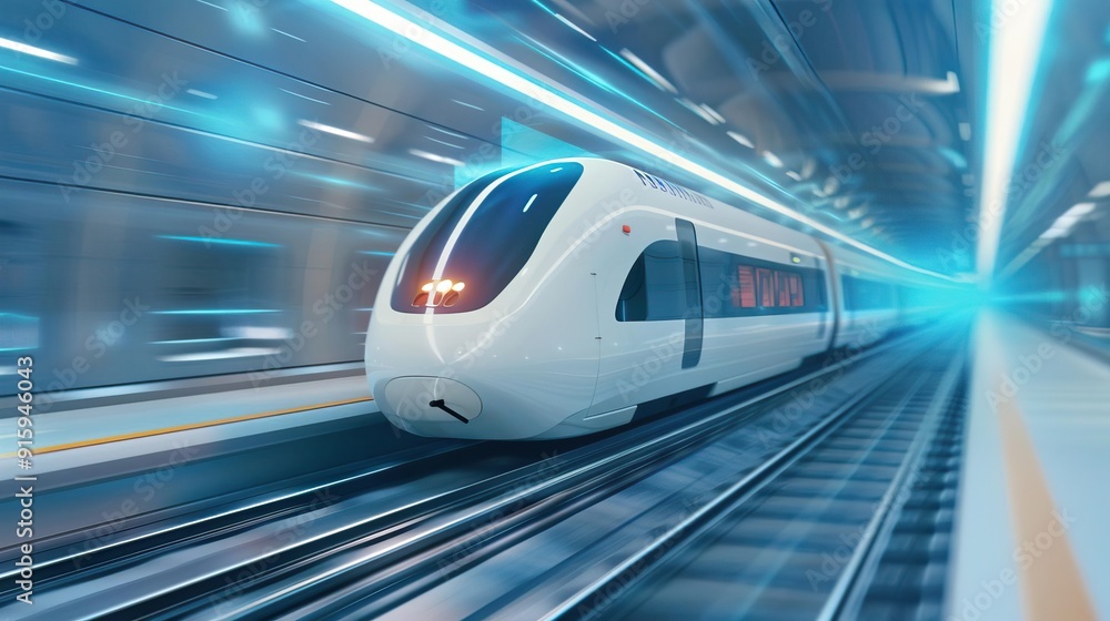 Fototapeta premium Maglev train speeding through futuristic station.