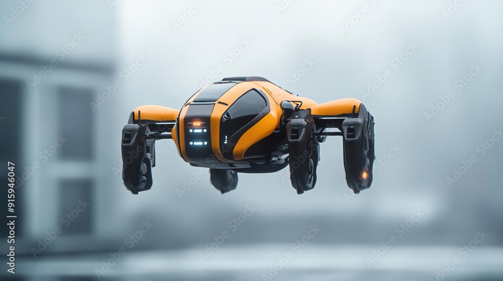Futuristic drone with yellow and black design, hovering in mid-air. Futuristic drone with yellow and black design, hovering in mid-air.