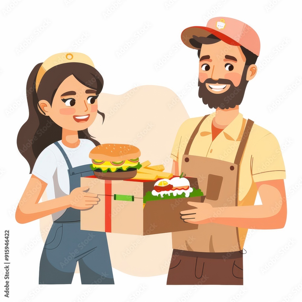 Seamless Food Delivery Experience - Happy Customer Receiving Gourmet Meal from Smiling Delivery Driver with Branded Packaging Seamless Food Delivery Experience - Happy Customer Receiving Gourmet Meal from Smiling Delivery Driver with Branded Packaging