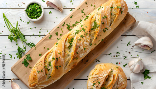 herb Baguette garlic Baguette top view Food homemade