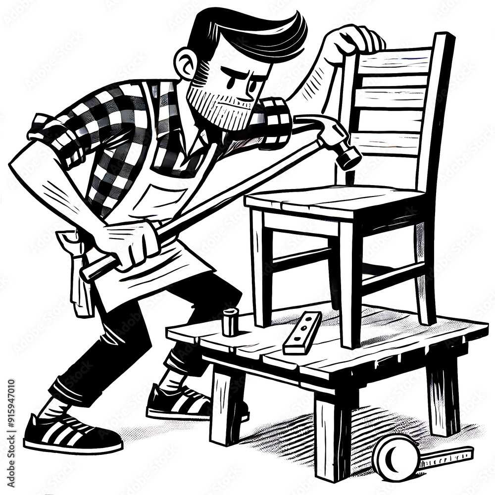A carpenter building a wooden chair. Back and white image. A carpenter building a wooden chair. Back and white image.