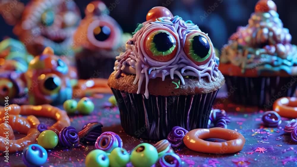 Close-up of spooky Halloween-themed cupcakes with eyeball decorations, set in a dark, eerie setting. Concept of Halloween treats, festive baking, and creepy holiday desserts, symbolizing creativity an Close-up of spooky Halloween-themed cupcakes with eyeball decorations, set in a dark, eerie setting. Concept of Halloween treats, festive baking, and creepy holiday desserts, symbolizing creativity an