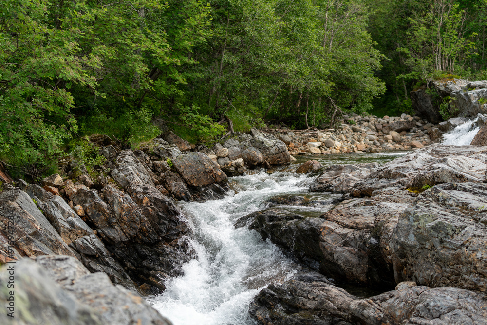 waterfall in the isfjorden fjord in norway in the woods close to massvassbu waterfall in the isfjorden fjord in norway in the woods close to massvassbu