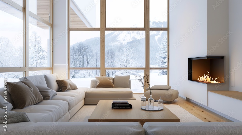 Fototapeta premium Warm and Inviting Cozy Living Room with Fireplace and Comfortable Furniture, Home Interior Design Concept