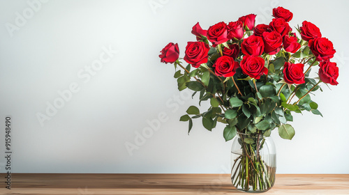 Wallpaper Mural Bouquet of red roses, beautifully arranged in a vase on a wooden table with a white background, creating a striking contrast.

 Torontodigital.ca