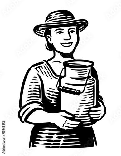 Happy farmer woman holding can of fresh milk. Dairy farm emblem or logo. Hand drawn sketch vector illustration