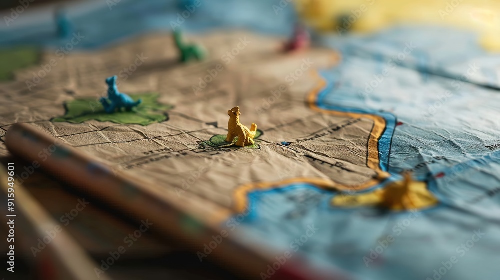 Naklejka premium Mystical Journey Through Evolution: Ancient Map Revealing Creatures Marking Targets Along Path