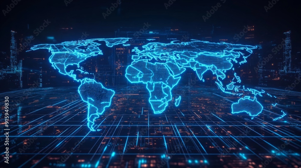 Futuristic digital world map featuring glowing blue network lines and data points, representing global connectivity and technology Futuristic digital world map featuring glowing blue network lines and data points, representing global connectivity and technology
