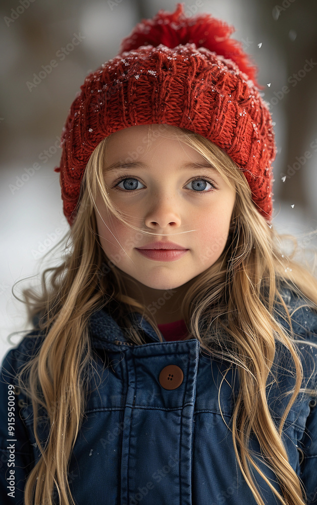A young girl wearing a red hat and a blue jacket. She has blue eyes and blonde hair A young girl wearing a red hat and a blue jacket. She has blue eyes and blonde hair