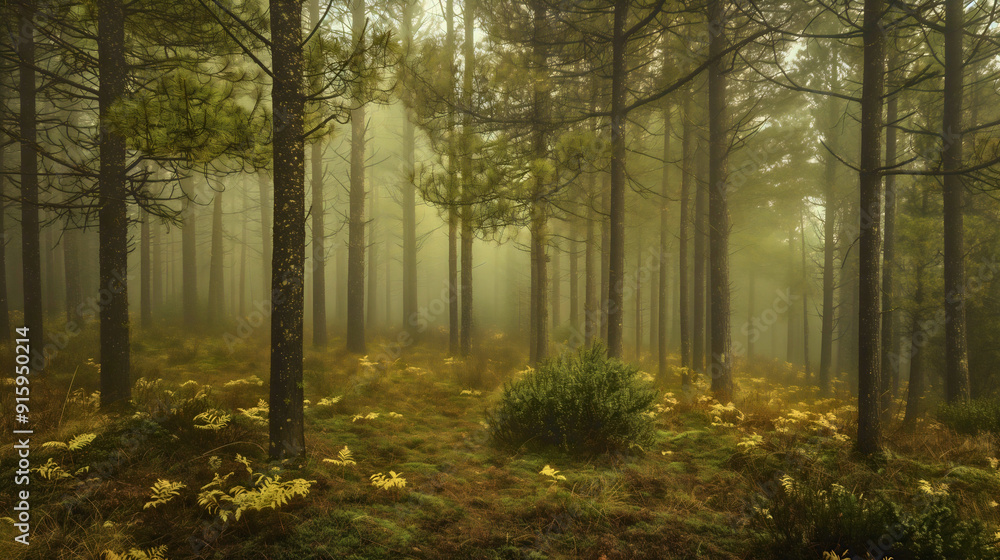 Obraz premium Fir trees that grow deep in the forest, with recognizable dried brown needles falling underneath, from fir trees.