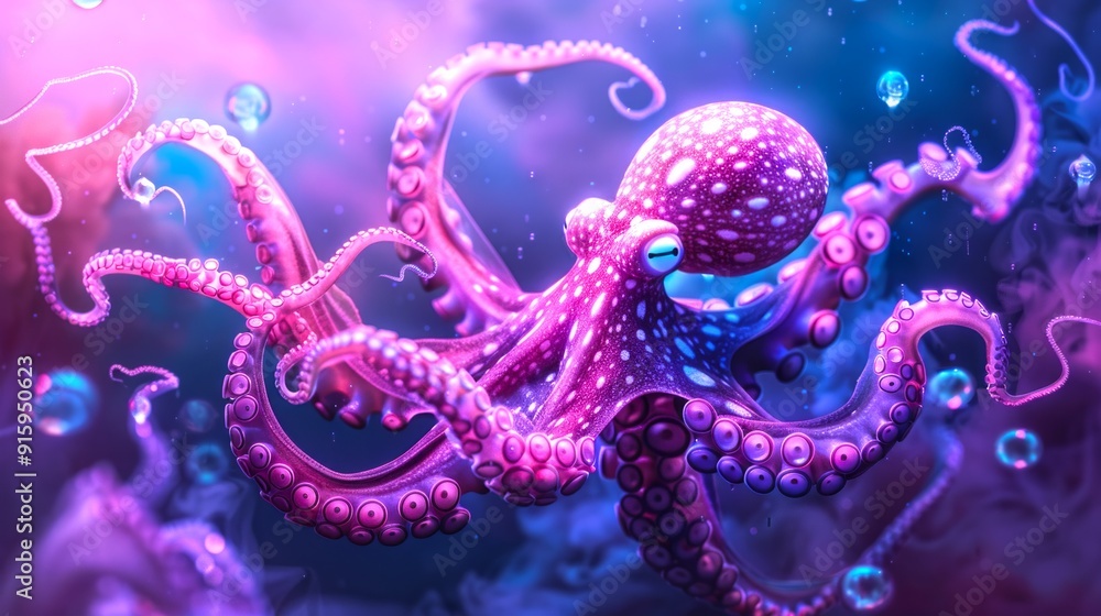 Fototapeta premium Mystical purple octopus in a vibrant underwater scene. This digital artwork captures the beauty of the aquatic world. Perfect for ocean-themed designs, marine biology concepts