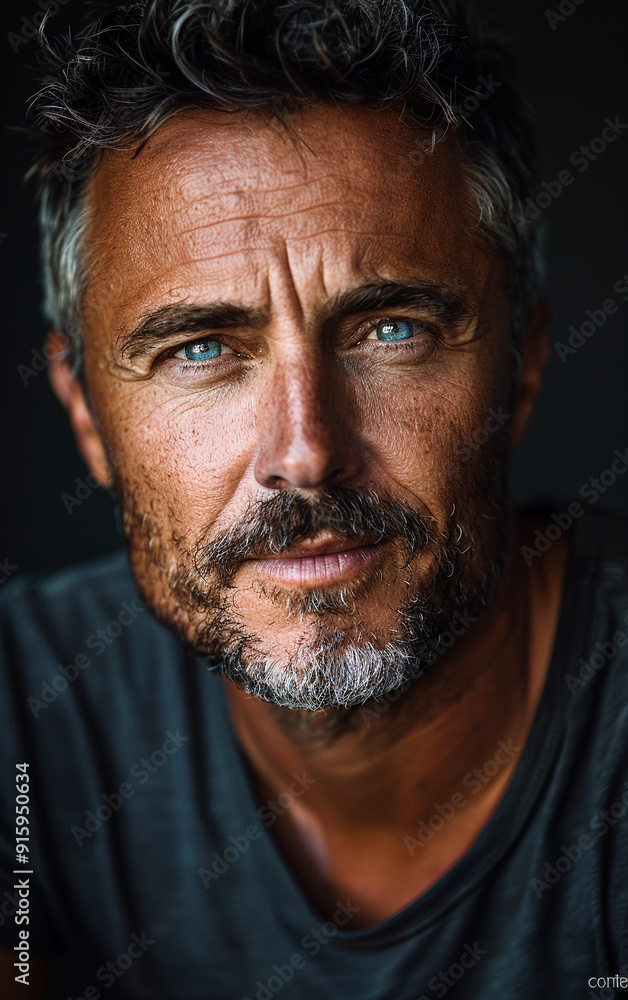 A man with a beard and a blue eye. He is wearing a black shirt. The man has a serious expression on his face A man with a beard and a blue eye. He is wearing a black shirt. The man has a serious expression on his face