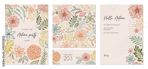 Trendy abstract Thanksgiving poster, seamless pattern, invitation, cover. Set of abstract universal creative Autumn vector templates. Children and floral design in doodle style.