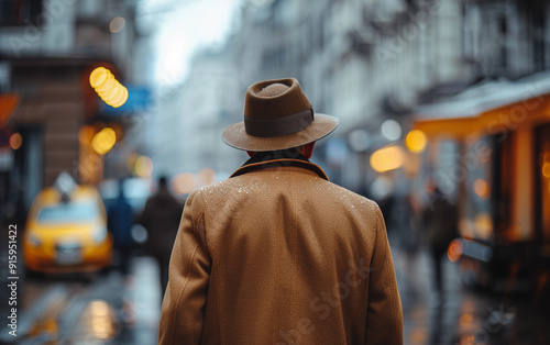 Wallpaper Mural A man wearing a hat and coat is walking down a street in the rain. The street is busy with cars and people, and there are street lights in the background. The man is looking ahead Torontodigital.ca