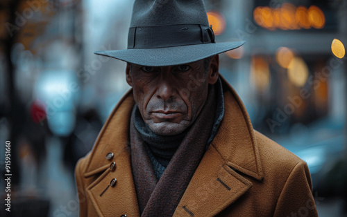 A man wearing a hat and a scarf is standing on a street