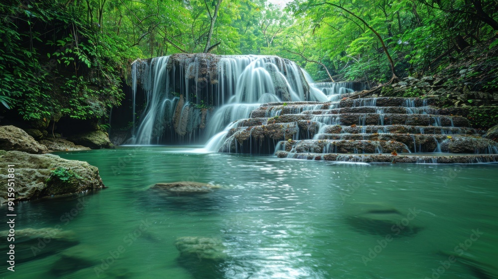 Fototapeta premium Showcase the quiet majesty of natural wonders, where cascading waterfalls meet crystal-clear pools amidst the hush of ancient forests.