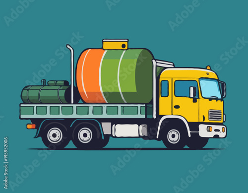 Cargo truck with tank for transporting liquids, colorful cartoon vector Illustration