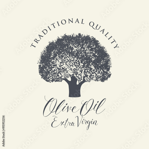 Vector banner or label for extra virgin olive oil with realistic olive tree and handwritten inscriptions on light background in retro style