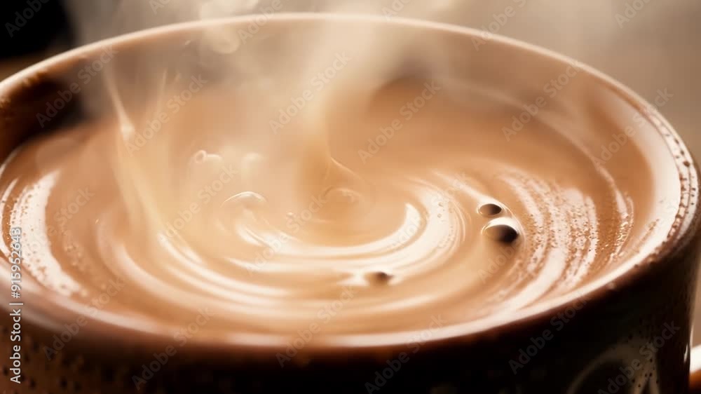 A thick creamy hot chocolate slowly releases clouds of steam in a mesmerizing pattern tempting the viewer to take a sip. A thick creamy hot chocolate slowly releases clouds of steam in a mesmerizing pattern tempting the viewer to take a sip.