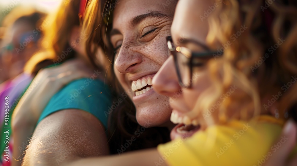 Group hug among friends at a lesbian support festival, celebrating unity Group hug among friends at a lesbian support festival, celebrating unity